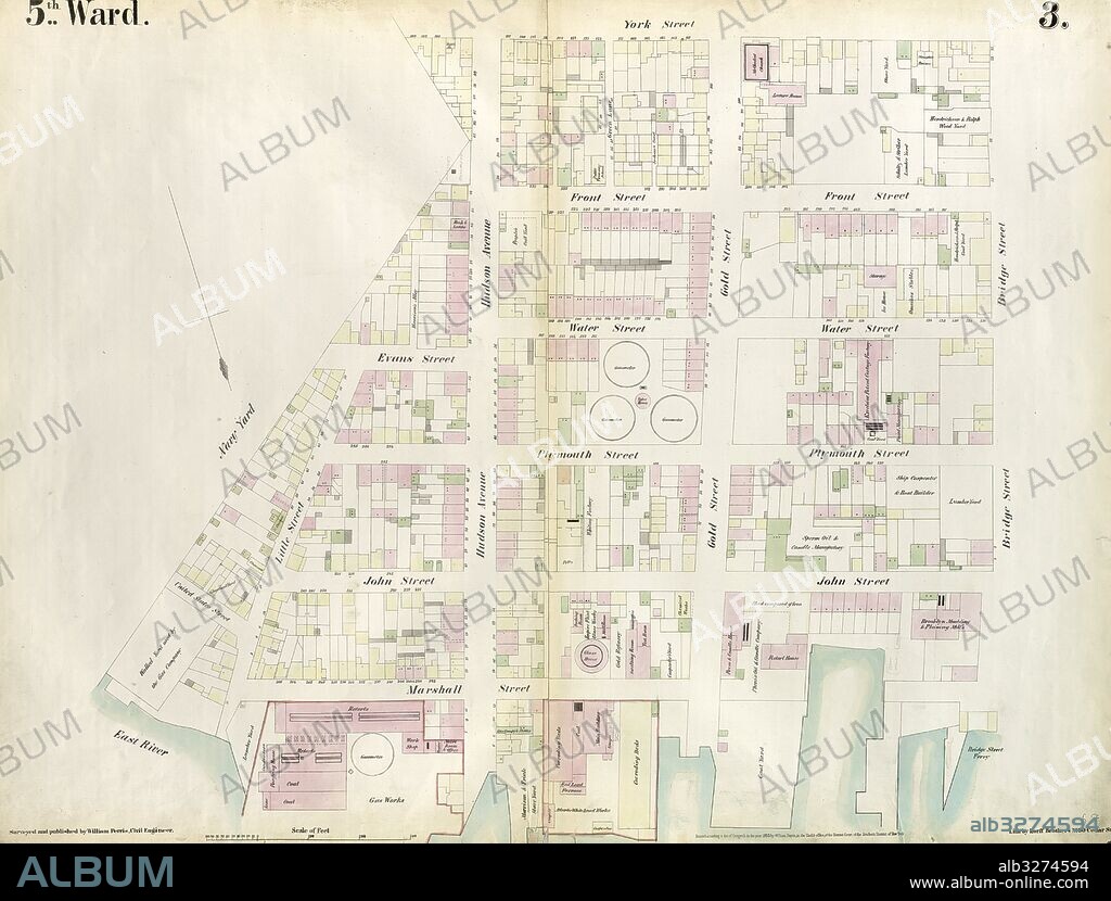 Plate 3: Map bounded by East River, Brooklyn Navy Yard, York Street, Bridge Street. 1855, William Perris, Brooklyn, New York, N.Y., USA.