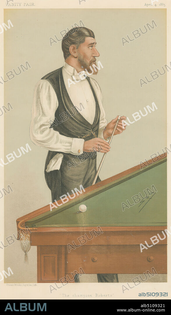 Vanity Fair: Sports, Miscellaneous Billiards; 'The Champion Roberts', Mr. John Roberts, Jr., April 4, 1885, Leslie Matthew 'Spy' Ward, 18511922, British, 1885, Chromolithograph.