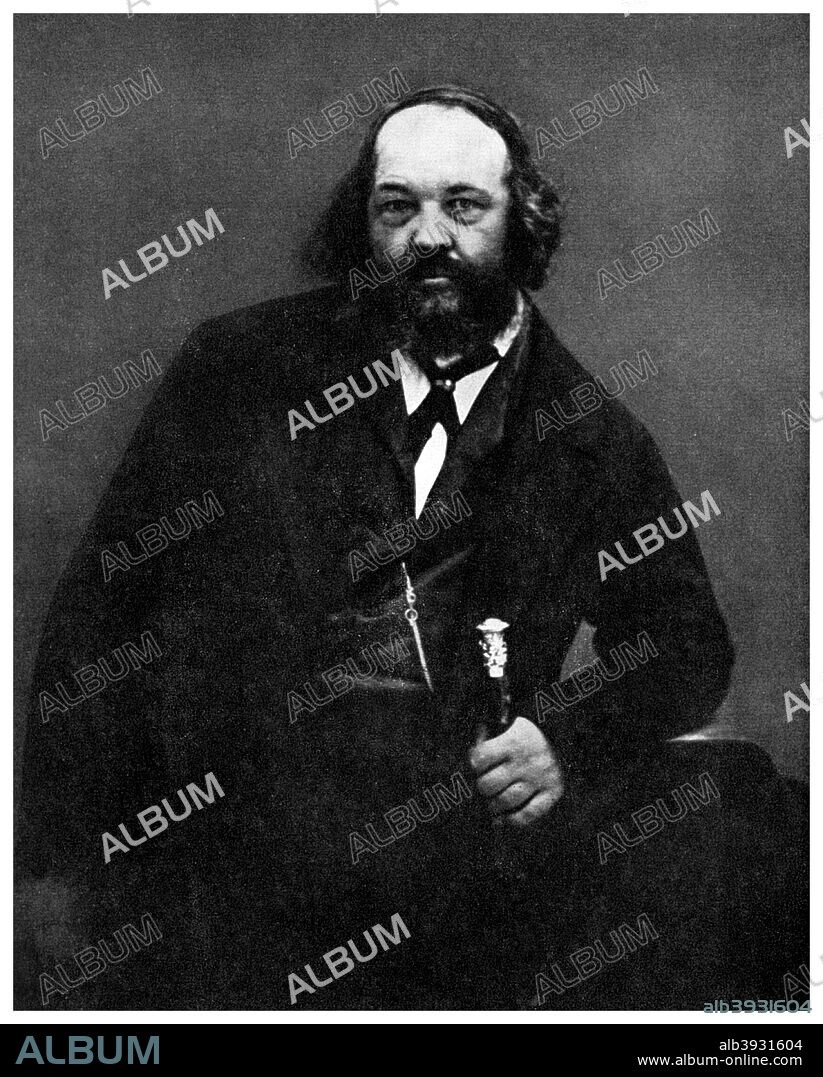 Anarchism: Mikhail Bakunin, Russian anarchist, 19th century (1956). Bakunin (1814-1876) was the leading proponent of the doctrine of Collectivist Anarchism. From the Picture Post Library. A print from Ideas, a volume about the origin and early history of many things, common and less common, essential and inessential, by Readers Union, the Grosvenor Press, London, 1956.