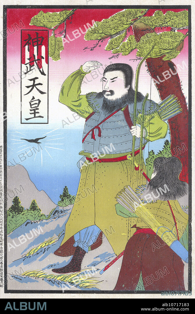 [ 1900s Japan - Japanese Emperor Jimmu ] Early 20th century print of a bearded Emperor Jimmu (Jinmu-tenno), the mythical founder of Japan. He is carrying a long bow and is accompanied by a wild bird. In the traditional lists of Japanese emperors, Jimmu is always listed as Japans first emperor. 20th century vintage print.