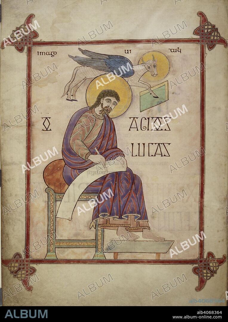 BISHOP OF LINDISFARNE EADFRITH and ALDRED THE GLOSSATOR. [Whole folio] Miniature of St.Luke, with his symbol, a winged calf carrying a book. Lindisfarne Gospels. N.E. England [Lindisfarne]; 710-721. Source: Cotton Nero D. IV, f.137v. Language: Latin, with Anglo-Saxon glosses.