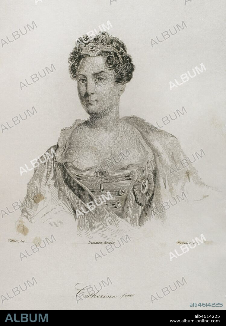 Catalina I de Rusia (1684-1727). Segunda esposa de Pedro el Grande y zarina del Imperio Ruso entre 1725 y 1727. Retrato. Grabado por Lemaitre, Vernier y Pannier. Historia de Rusia por Chopin. Panorama Universal, edición española de 1839.