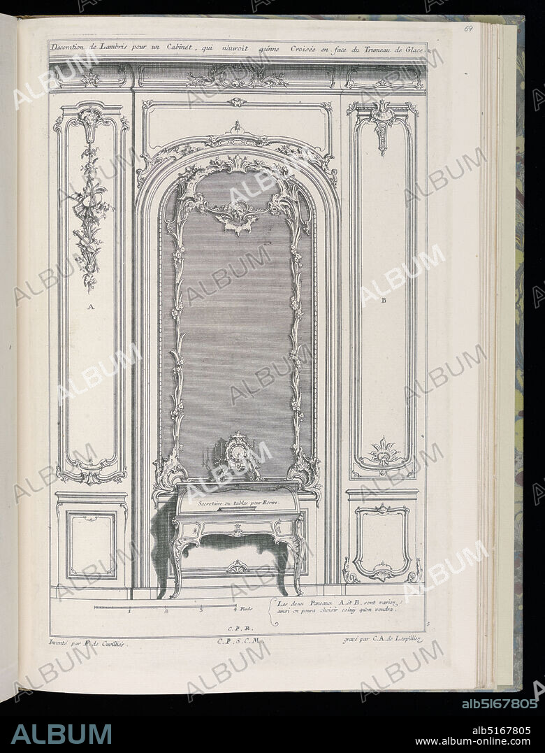 Wall with Mirror and Secretary Desk, Desseins de Lambris (Wainscoting Designs), François de Cuvilliés the Elder, Belgian, active Germany, 1695 - 1768, Carl Albert von Lespilliez, German, 1723 - 1796, François de Cuvilliés the Elder, Belgian, active Germany, 1695 - 1768, Nicolas Jean-Baptiste de Poilly, French, 1712after 1758, Engraving on paper, Design for interior wall in Rococo style. At the center, a large arched mirror framed and decorated with ornament in the form of floral festoons, a mask hanging from the garland at upper center. Below the mirror, a secretary (writing desk) shown closed, a clock with candleabra placed upon it. Flanking the mirror, two decorative panels in different styles to offer the patron design choices; a suspended decoration of flowers and musical instruments decorates the panel at left. Scale at lower left., Munich, Germany, Paris, France, 18th century, albums (bound) & books, Bound print, Bound print.