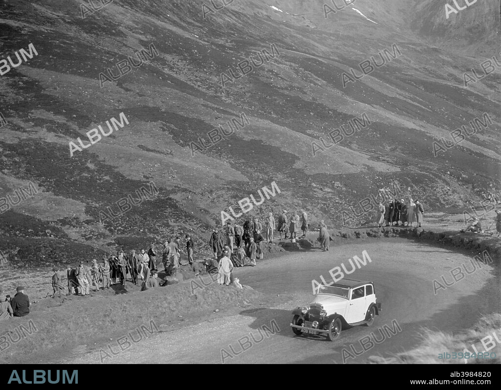 Austin Sports saloon. 1934 1125 cc. Reg. No.  AOB888.  Entry No: 95. Driver: Flewitt, Mrs. M.S.  Car colour is Flewitt yellow. Place:  R.S.A.C. Scottish Rally Date: 10-14.6.34.