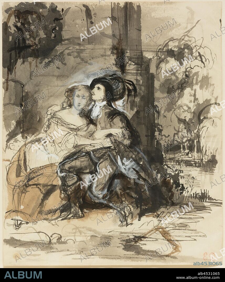 Eugène Delacroix, French, 1798-1863, Ravenswood and Lucy at the Mermaiden's Fountain, c. 1829, Black, brown, and grey washes, heightened with white on wove paper, Sheet: 8 5/8 x 7 3/16 in. (21.9 x 18.3 cm).