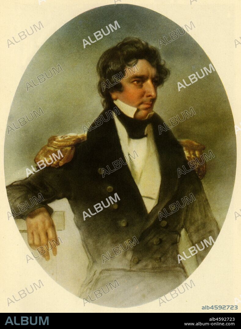 Sir James Clark Ross, (1946). Undated portrait of British naval officer and polar explorer James Clark Ross (1800-1862). He was a member of expeditions to the Arctic with his uncle, Sir John Ross and Sir William Parry, attempting to find the Northwest Passage and locate the North Magnetic Pole. Between 1839 and 1843, Ross commanded HMS 'Erebus' and HMS 'Terror' on an expedition to explore the Antarctic. In 1848 he made his last voyage, to the Arctic in an unsuccessful attempt to locate the missing expedition of Sir John Franklin. From "British Polar Explorers", by Admiral Sir Edward Evans. [Collins, London, 1946].