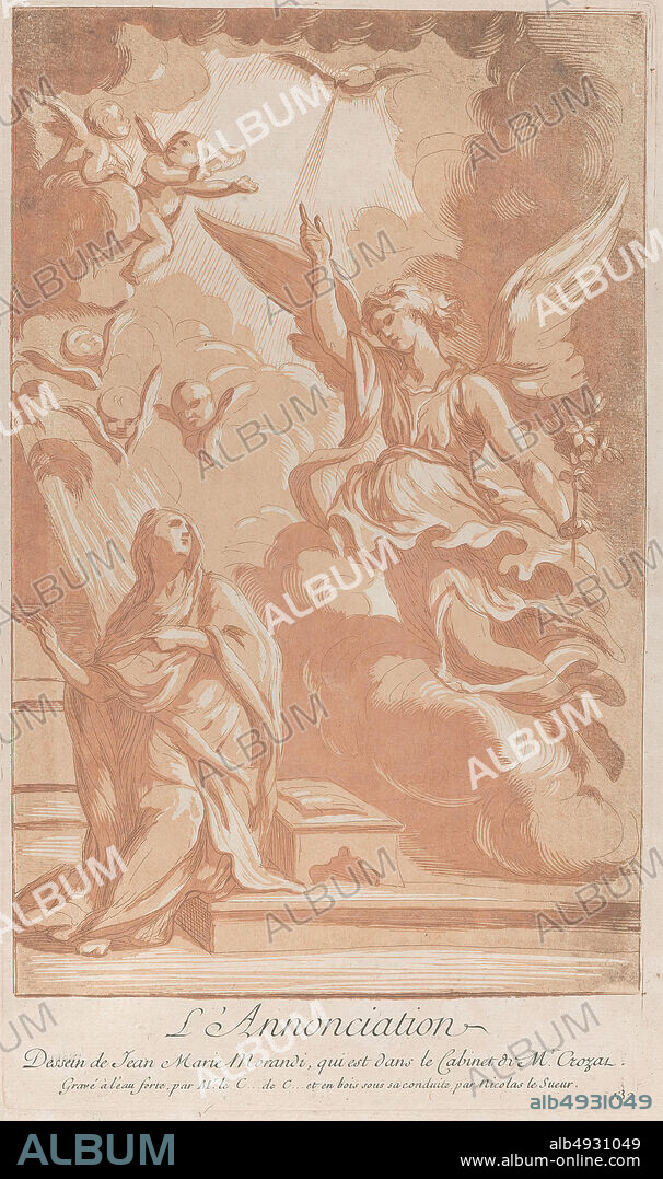 Anne Claude Philippe de Tubières, comte de Caylus, The Annunciation with the Virgin kneeling at left and Gabriel appearing at right, Anne Claude Philippe de Tubières, comte de Caylus (French, Paris 16921765 Paris), After Giovanni Maria Morandi (Italian, Florence 16221717 Rome), ca. 1729, Etching and aquatint in brown/orange ink, Plate: 12 × 8 3/8 in. (30.5 × 21.3 cm), Sheet: 20 7/8 × 15 1/4 in. (53 × 38.8 cm), Prints.