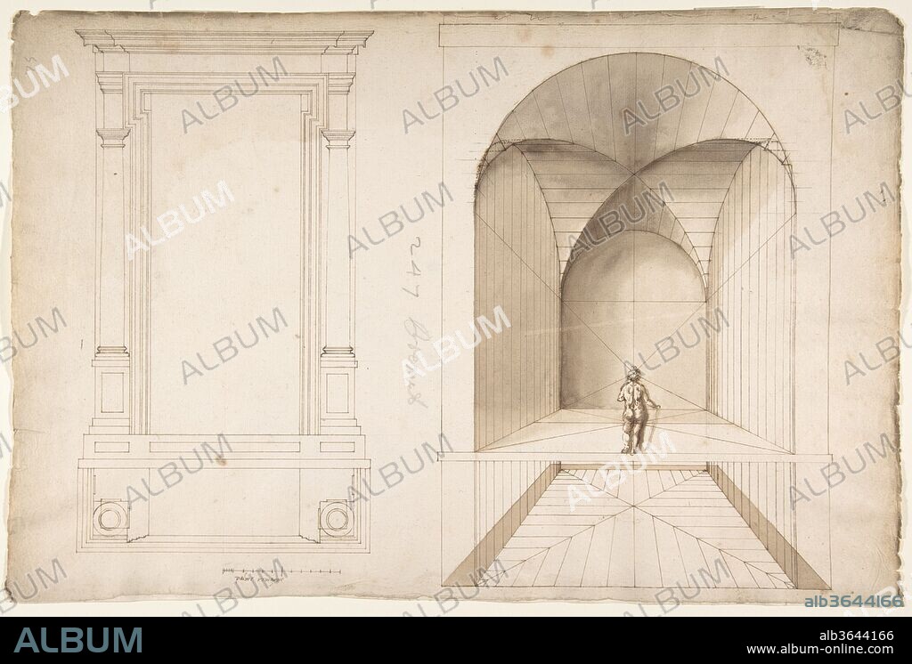 Unknown, portal or niche, plan and elevation; perspective study, interior, square chamber with cross-vault, with a scale figure (recto)blank (verso). Dimensions: sheet: 11 5/8 x 17 1/2 in. (29.5 x 44.5 cm). Draftsman: Drawn by Anonymous, French, 16th century. Date: early to mid-16th century.