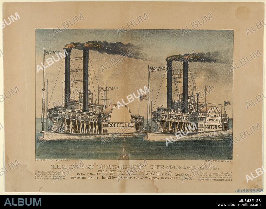 The Great Mississippi Steamboat Race-From New Orleans to St. Louis, July 1870-Between the R.E. Lee, Captain John W. Cannon and Natchez Captain Leathers-Won by the R.E. Lee, Time: 3 Days 18 Hours and 30 Minutes; Distance 1210 Miles. Dimensions: Image: 8 1/4 × 12 9/16 in. (20.9 × 31.9 cm)
Sheet: 12 1/16 × 16 3/8 in. (30.7 × 41.6 cm). Lithographer: Lithographed and published by Currier & Ives (American, active New York, 1857-1907). Date: 1872-74.
Two riverboats, Robert E. Lee at left and Natchez at right, race from the right background to the left foreground.