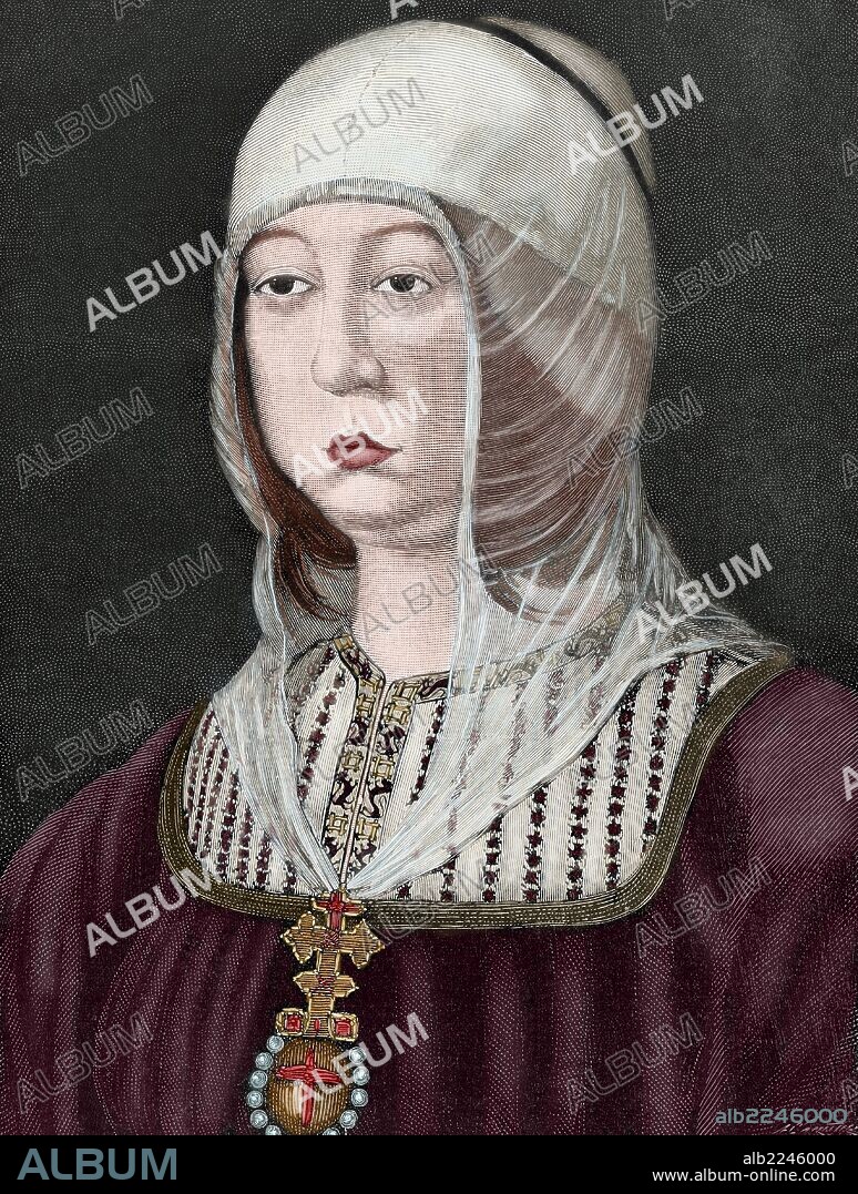 ARTURO CARRETERO Y SÁNCHEZ. ISABEL I LA CATOLICA (Madrigal,1451-Medina del Campo,1504). Reina de Castilla (1474-1504), hija de Juan II de Castilla y de Isabel de Portugal. Casada en 1469 con Fernando, príncipe heredero de la corona catalano aragonesa. Grabado por A. Carretero. "La Ilustración Española y Americana", 1886. Coloreado.