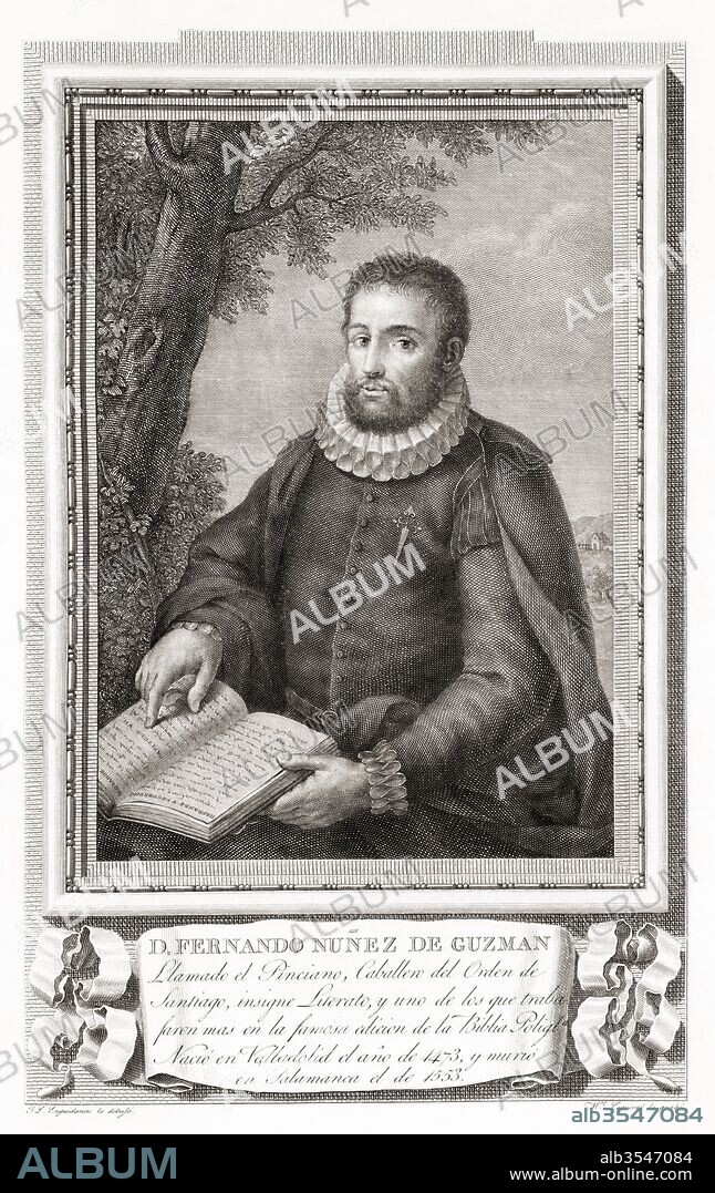 Hernán Núñez de Toledo y Guzmán, aka el Comendador Griego, el Pinciano or Fredenandus Nunius Pincianus, 1475 - 1553. Spanish humanist, classicist, philologist, and paremiographer. After an etching in Retratos de Los Españoles Ilustres, published Madrid, 1791.