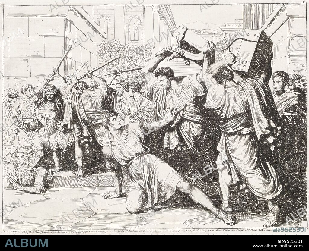 The Death of Tiberius Gracchus, Bartolomeo Pinelli, 1818, During a revolt, Tiberius Gracchus and his followers are beaten to death., print maker: Bartolomeo Pinelli, (mentioned on object), Bartolomeo Pinelli, (mentioned on object), Rome, 1818, paper, etching, h 315 mm × w 424 mm.