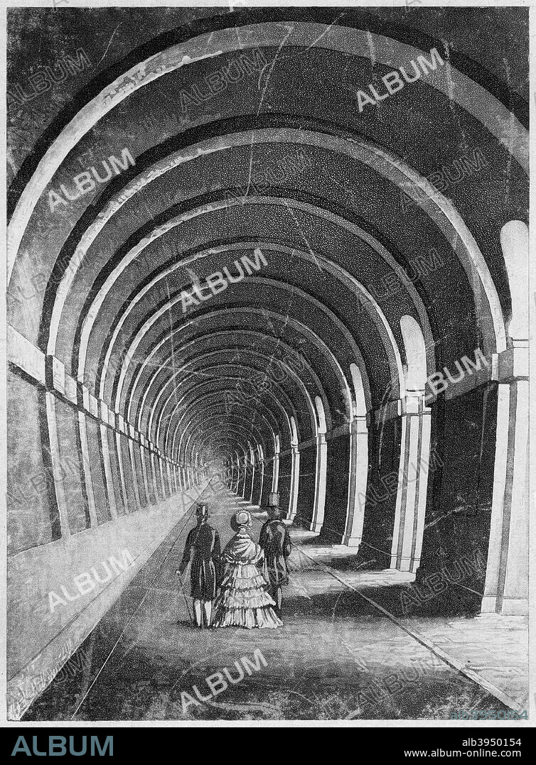 Thames Tunnel, London, mid 19th century. Designed by Marc Isambard Brunel, the Thames Tunnel, connecting Wapping and Rotherhithe, was the first underwater tunnel in the world. Work began 1825 and it was completed as a foot tunnel in 1843. It was converted to a railway tunnel for the East London Railway in the 1860s and is still used by the trains today. Isambard Kingdom Brunel acted as site engineer during the project.