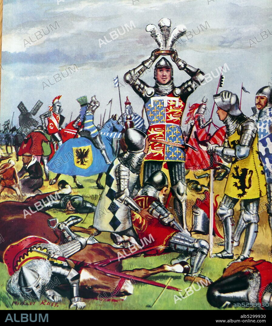 Illustration from a children's history book depicting Edward of Woodstock, known to history as the Black Prince (15 June 1330 - 8 June 1376), eldest son of King Edward III of England, and thus the heir to the English throne. He died before his father and so his son, Richard II, succeeded to the throne instead. Edward nevertheless still earned distinction as one of the most successful English commanders during the Hundred Years' War.