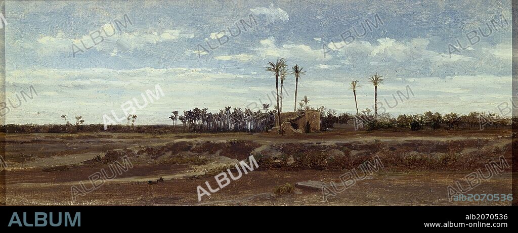 Carlos de Haes / 'Un bosque de palmeras (Elche)', Hacia 1861, Escuela Española, Óleo sobre papel pegado en cartón, 17,7 cm x 41 cm, P04362.