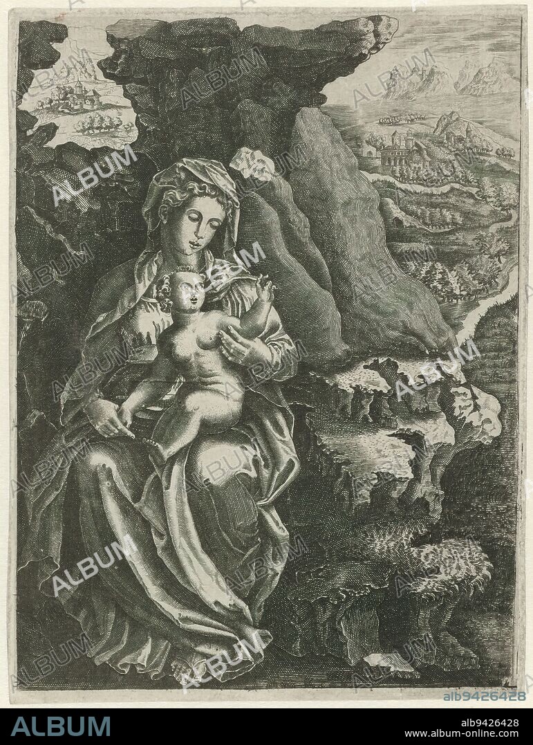 Mary with Child in a Rocky Landscape, In the foreground Mary with the naked Christ Child on her lap, seated before a jagged rocky outcrop. Back right a vista of a mountainous landscape with streams., print maker: anonymous, Italy, c. 1550 - c. 1570, paper, engraving, height 180 mm × width 134 mm.