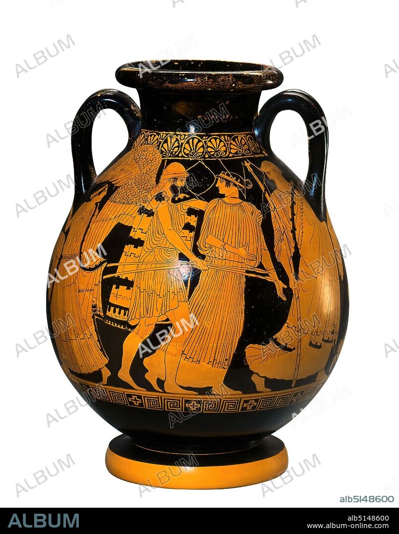 painter of the Athena birth, Pelike (Boreas abducts Oreithyia), clay, quickly turned, painted (ceramic), alternately fired, clay, turned and fired, Total: Height: 47.50 cm (supplemented); Diameter: 35.00 cm; Muzzle diameter: 19.30 cm, inscription: Vessel shoulder between the handles on side A and B: Side A: V (left hand), Ceramics, Boreas (Aquilo), the North Wind, Strict style, The Pelike is composed of numerous fragments. Foot and lower part of the vessel body are completed. At the neck there is a ledge with round, circumscribed palmettes on both sides. A meandering band with regularly interspersed cross plates runs around under the figures. Side A shows the pursuit of Oreithyia by the wind god Boreas. The winged and bearded Boreas hurries up from the left and has put his left arm around the shoulder of the Athenian king's daughter, holding two spears with red slings with his right. Boreas wears a fox fur cap (giech. alopekis), a short, belted chiton and a patterned coat. Oreithyia is dressed with a long-sleeved chiton and a tiara in her hair; she also wears jewelry around her arms and neck. There are no signs of horror or fear in the king's daughter's facial features. The main group is flanked by two figures, both of which face outwards. On the right the old father of Oreithyia, the Athenian king Erechtheus. On the left a companion of Oreithyia. Side B shows the excerpt of the Athenian hero Theseus, heroically naked, standing to the right, stretching out his right hand in a gesture of speech towards his counterpart. The left one contains two long spears with red loops. On the left, facing Theseus, stands his father, King Aigeus of Athens, dressed in a chiton and a coat with a patterned border and a hoop in his hair. He leans with his right hand on his scepter. This scene is flanked by two female figures, on the right a woman (Medea?) striving out of the picture with Oinochoe and Phiale in her hands, on the left Athena with a long spear, long dressed and.