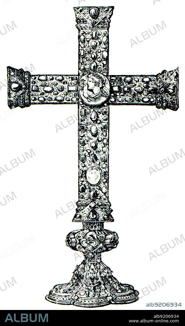Lothar Cross, 10th century, the cathedral in Aachen, Germany - an illustration of the encyclopedia publishers Education, St. Peterburg, Russian Empire, 1896.