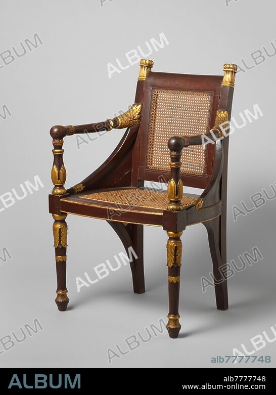 Armchair, Empire model, with cane back and seat, painted red and gilded and heightened with gold, Two armchairs (A and B) of a tropical wood (djati?), Painted red, parts gilded and heightened with gold, the back and the loose seat frame covered with reeds. Empire model with straight back, slightly arched back, widening seat with curved sides, baluster-shaped front legs and arm struts, curved, spherical-ended arms and dense cheeks with sunken fields, which are repeated below the seat in mirror image and in smaller format. Sculpted with acanthus and palmet gold motifs. Mutual differences in proportions and details. On both labels: 'This chair once stood in Batavia Castle. He was later used by the Supreme Court of the Dutch Indies Wagener. Dutch East Indies, first quarter of the 19th century, Batavia, Indonesia, c. 1800 - c. 1825, wood (plant material), h 102 cm × w 63 cm × d 55 cm h 48 cm × w 50.5 cm × d 46 cm.
