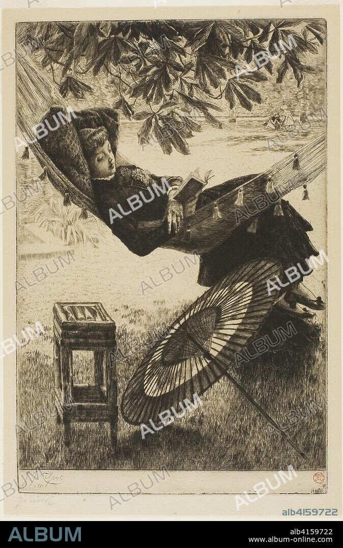 The Hammock. James Tissot; French, 1836-1902. Date: 1880. Dimensions: 279 × 183 mm (image/plate); 300 × 199 mm (sheet). Etching and drypoint on cream laid paper. Origin: France.