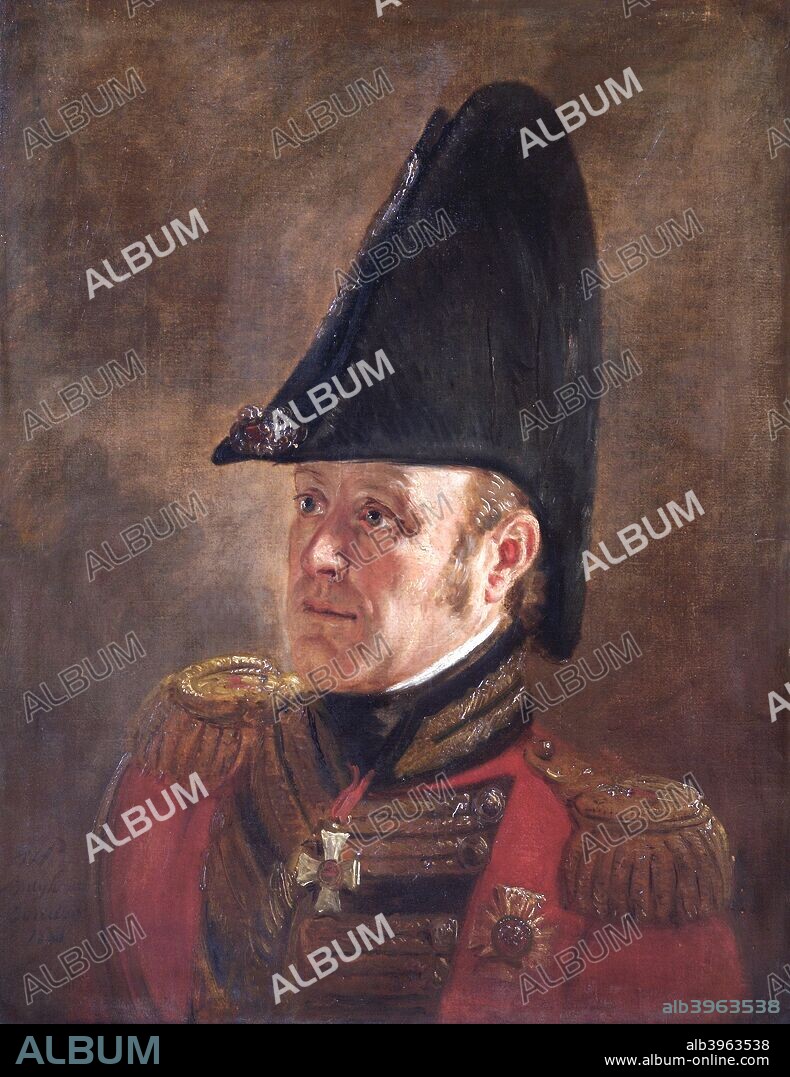 Portrait of General Sir George Cooke, British soldier, 1821. In 1815 at the Battle of Waterloo, Major-General Cooke (1768-1837) commanded 1st Division (Foot Guards), who successfully defended the Chateau of Hougoumont theroughout the day. He lost his right arm during the battle. From the collection of Apsley House, London.