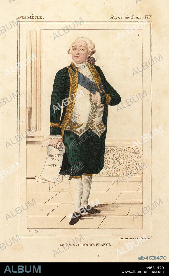 King Louis XVI of France, costume of 1776 with sash of the Order of the Holy Spirit. Handcoloured lithograph by Charles Breton after a portrait in Versailles from Le Bibliophile Jacob aka Paul Lacroix's Costumes Historiques de la France (Historical Costumes of France), Administration de Librairie, Paris, 1852.