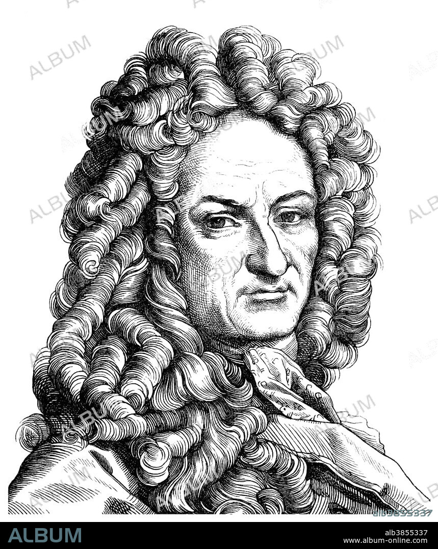 Historical drawing from the 19th century, portrait of Gottfried Wilhelm Leibniz, 1646 - 1716, a German philosopher and scientist, mathematician, diplomat, physicist, historian, politician, librarian, and doctor of the secular and the ecclesiastical law in the early Enlightenment