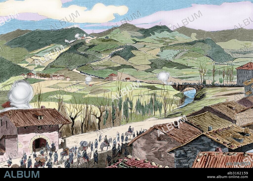 TERCERA GUERRA CARLISTA (1872-1876). País Vasco. Guipúzcoa. Acción de Elgueta. Ejercito de la Izquierda. Grabado por Marichal. La Ilustración Española y Americana, 1876. Coloreado.