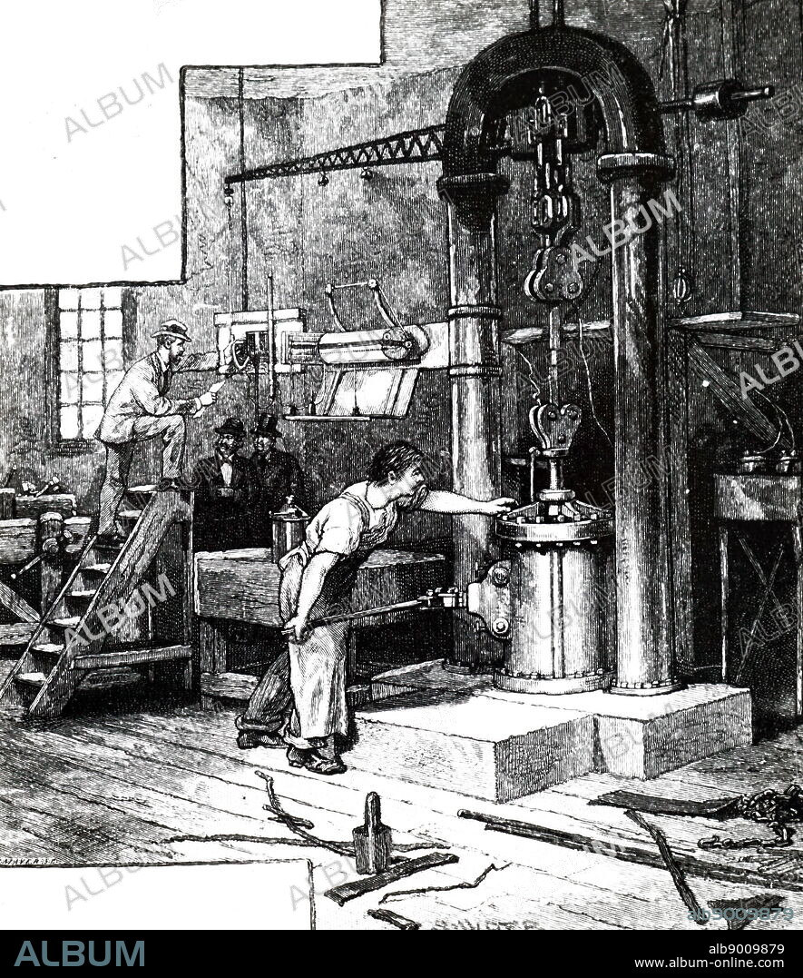 An engraving depicting the testing of the steel for anchorage in a hydraulic press of the Brooklyn Suspension Bridge. The Brooklyn Suspension Bridge was designed and built by John Augustus Roebling (1806-1869) and his son Washington Augustus Roebling (1837-1926) and opened in 1883. Dated 19th century.