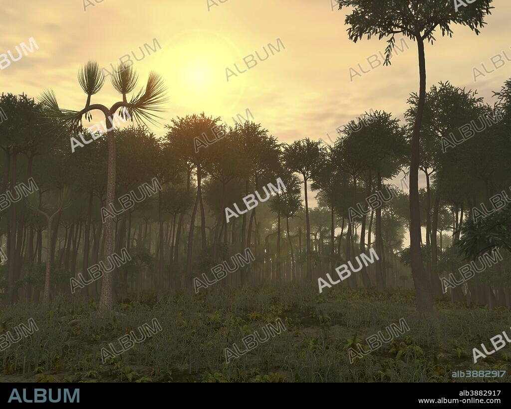 A Carboniferous forest of Midwestern North America 350 million years ago featuring Lepidodendron aculeatum (resembling feather dusters on long sticks), Sigillaria scutellata (resembling toilet bowl brushes), Asteroxylon mackiei (at this scale may be mistaken for grass), and ferns. Some Lepidodendron grew as tall as 150 feet.