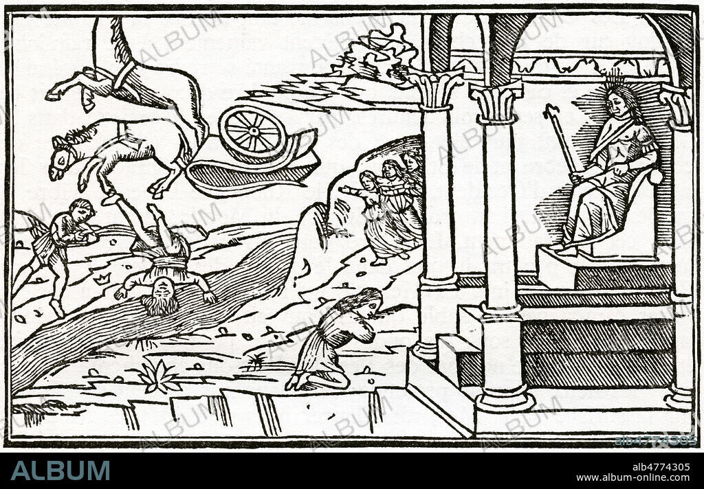 PHAETON ne peut retenir ses chevaux provoquant une secheresse sur la Terre. Xylographie anonyme du 16eme siecle pour Les Metamorphoses d'OVIDE (-43 a c.18) . Credit :.