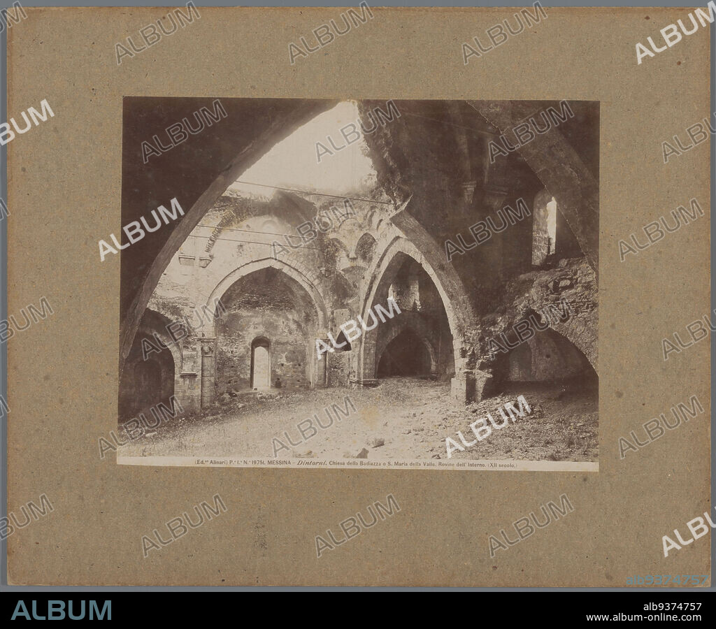 Interior of the ruins of the Chiesa di Santa Maria della Valle at Messina, MESSINA - Dintorni. Chiesa della Badiazza o S. Maria della Valle. Rovine dell'Interno. (XII secolo) (title on object), Alinari (mentioned on object), Chiesa di Santa Maria della Valle, c. 1875 - c. 1900, cardboard, albumen print, height 196 mm × width 255 mm.