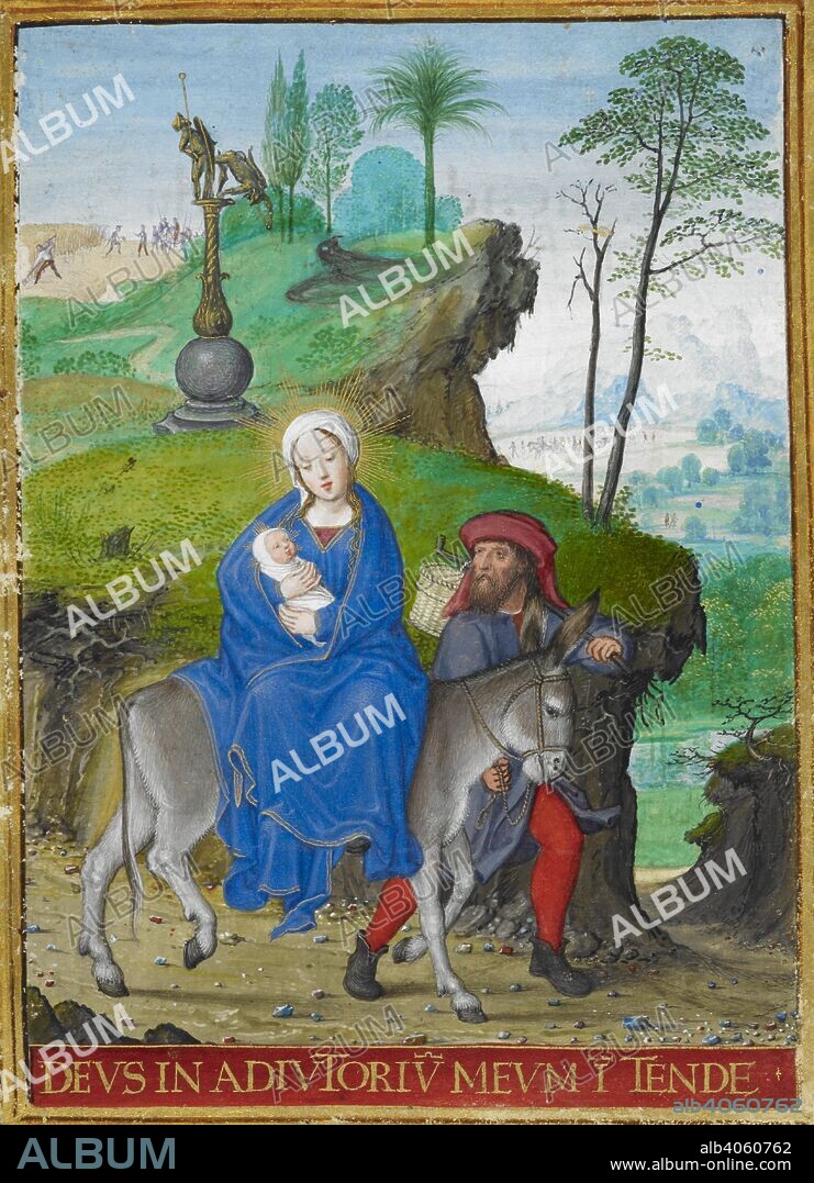 GERARD HORENBOUT. Flight into Egypt. Sforza Hours. Milan, circa 1490; Flemish insertions, 1517-1520. Source: Add. 34294, f.111. Language: Latin.