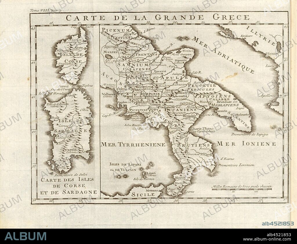 Map of Great Greece, Map of the Magna Graecia region in ancient Italy, Fig. 5, according to p. 6, Histoire universelle depuis le commencement du monde jusqu'à présent, traduite de l'anglois. T. 8. Amsterdam; Leipzig: chez Arkstée et Merkus, MDCCLXX [1770].
