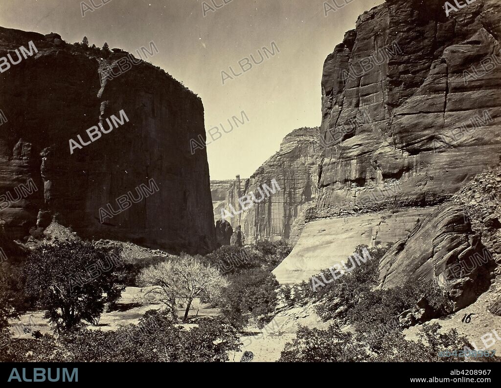 Head of Cañon de Chelle, Looking Down. Walls about 1200 feet in height. Timothy O'Sullivan; American, born Ireland, 1840-1882. Date: 1873. Dimensions: 20.2 x 27.7 cm (image/paper); 38.2 x 49.9 cm (album page). Albumen print, No. 16 from the album "Geographical & Geological Explorations & Surveys West of the 100th Meridian," vol. 2. Origin: United States.