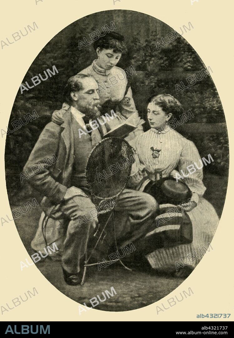 MASON & CO and ROBERT HINDRY MASON. 'Charles Dickens Reading To His Daughters, 1865', (1910). British novelist Charles Dickens (1812-1870) with his daughters Mary and Kate in the garden of his home, Gad's Hill, in Kent. From "The Strand Magazine, an illustrated monthly", Volume XL - July to December 1910. [George Newnes Ltd, London, 1910].