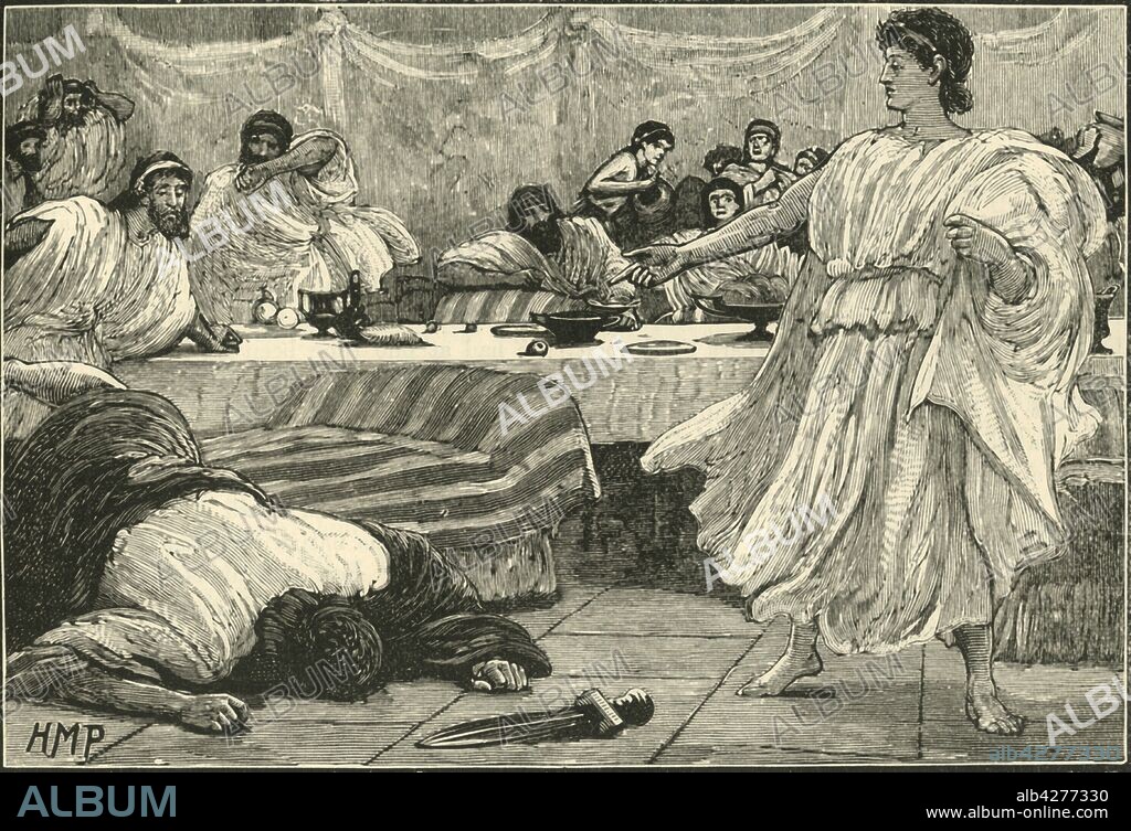 'The Banquet of Philip', 1890. Philip II of Macedon was assassinated in Aegae by the captain of his bodyguard, Pausanias of Orestis, whilst attending the wedding of his daughter. From "Cassell's Illustrated Universal History, Vol. I - Early and Greek History", by Edmund Ollier. [Cassell and Company, Limited, London, Paris and Melbourne, 1890].