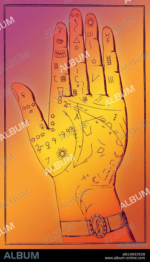 Palmistry is the claim of characterization and foretelling the future through the study of the palm. The practice is found all over the world, with numerous cultural variations. Those who practice chiromancy are called palmists, palm readers, hand readers, hand analysts, or chirologists. There are many, often conflicting, interpretations of various lines and palmar features across various schools of palmistry. These contradictions between different interpretations, as well as the lack of empirical support for palmistry's predictions, contribute to palmistry's perception as a pseudoscience. Caption: Napoleon's hand by Le Norman. This image has been colour-enhanced.