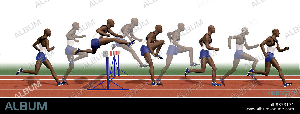 So that they dont break their rhythm, runners try to take the hurdles in stride, whether the right or left leg leads. They lean forward to avoid raising their center of gravity, and they use their arms for balance. After the jump, they keep their stride flowing forward. Among the best racers, jumping the hurdle represents a time loss of 0.40.7 seconds.