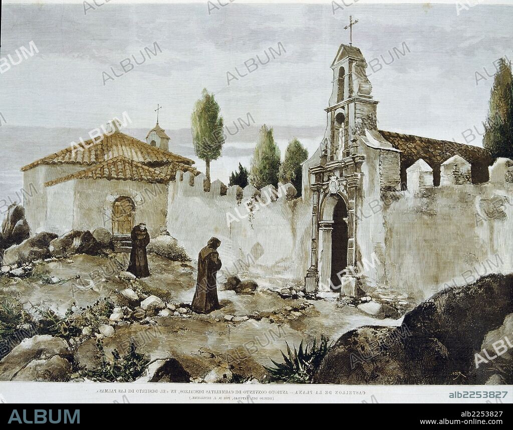 CASTELLON. ANTIGUO CONVENTO DE LAS CARMELITAS DESCALZAS EN EL DESIERTO DE LAS PALMAS. DIBUJO DE J. BENLLIURE. GRABADO DE LA ILUSTRACION ESPAÑOLA Y AMERICANA. SIGLO XIX.