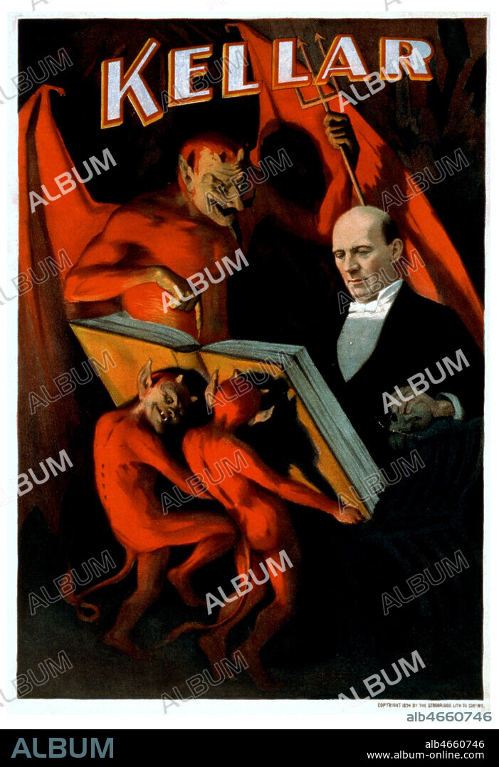 Affiche de spectacle de Harry Kellar (1849-1922) prestidigitateur illusionniste americain de la fin du 19eme siecle, il a joue ses spectacles sur tous les continents, celebre pour son numero de levitation . Lithographie Strobridge Lith. Co., c1894. Credit: Avant-Demain/KHARBINE-TAPABOR.