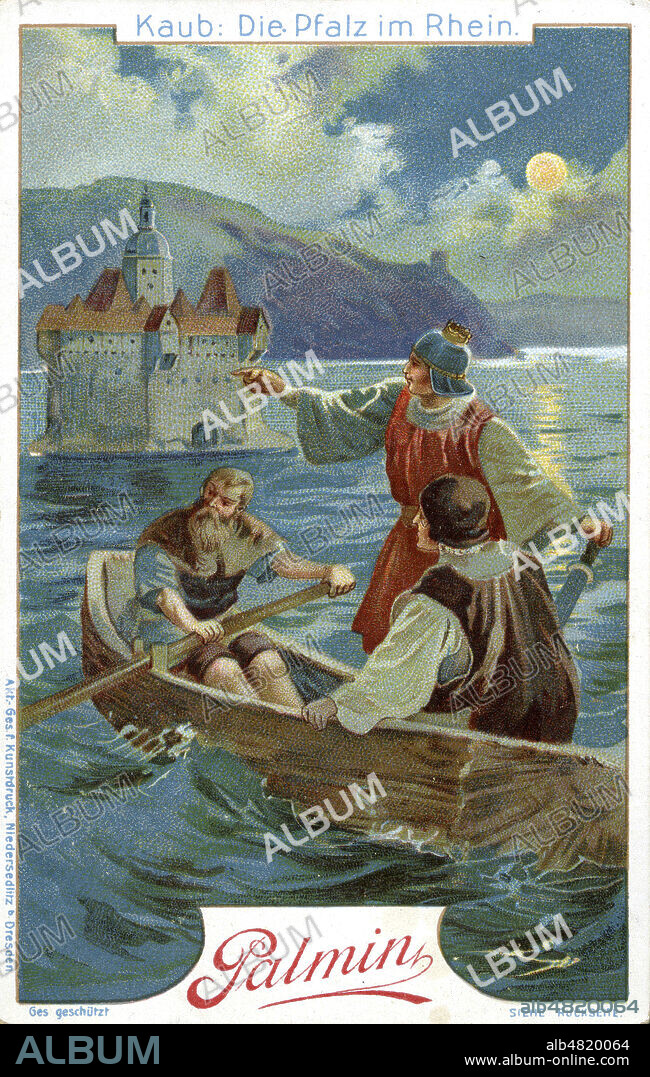 'Kaub : Die pfalz im Rhein'. Chateau de Pfalzgrafenstein sur l'ile de Falkenau sur le Rhin, pres de Kaub. Chromo allemand Palmin vers 1900. Credit : Collection Kharbine-Tapabor.