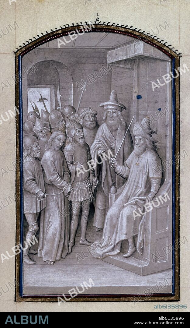 LIBRO DE HORAS - JESUS ANTE EL SANEDRIN JUDIO (CAIFAS) - SIGLO XV.