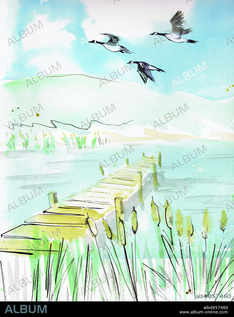 Watercolour painting of geese flying over tranquil lake.