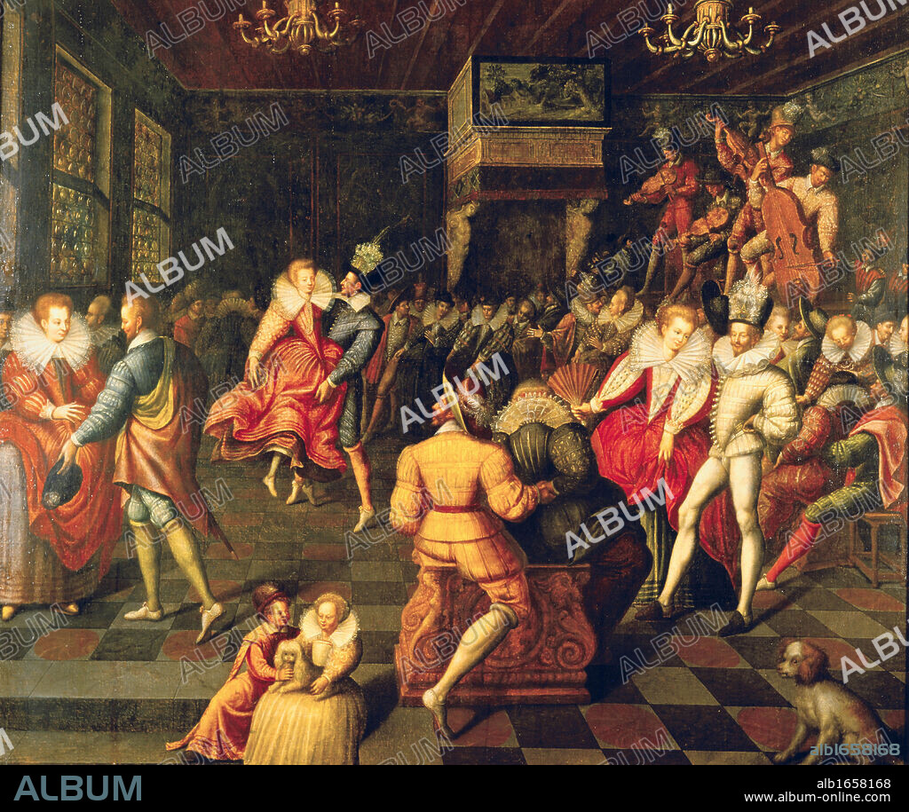 Ball at the Valois Court'. Couple on centre right are dancing the Volta, a favourite dance of Elizabeth I of England. The string band is playing on a platform, top left. 16th century French school.