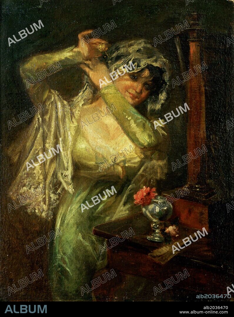EUGENIO LUCAS VELAZQUEZ. Eugenio Lucas Velázquez / 'Maja de la rosa', Óleo sobre lienzo.