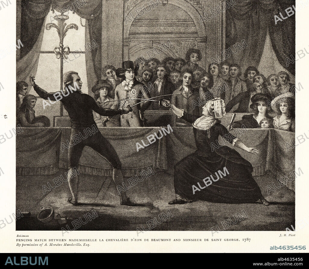 Fencing match between Mademoiselle la Chevaliere dEon de Beaumont and Monsieur de Saint George, at Carlton House, 1787. Famous fencing bout between transgender spy Chevalier dEon and the black Mozart, Joseph Bologne, mixed race son of a planter and an enslaved woman. Print after an engraving by Victor Marie Picot from an illustration by Charles Jean Robineau in Ralph Nevills Old Sporting Prints, The Connoisseur Magazine, London, 1908.
