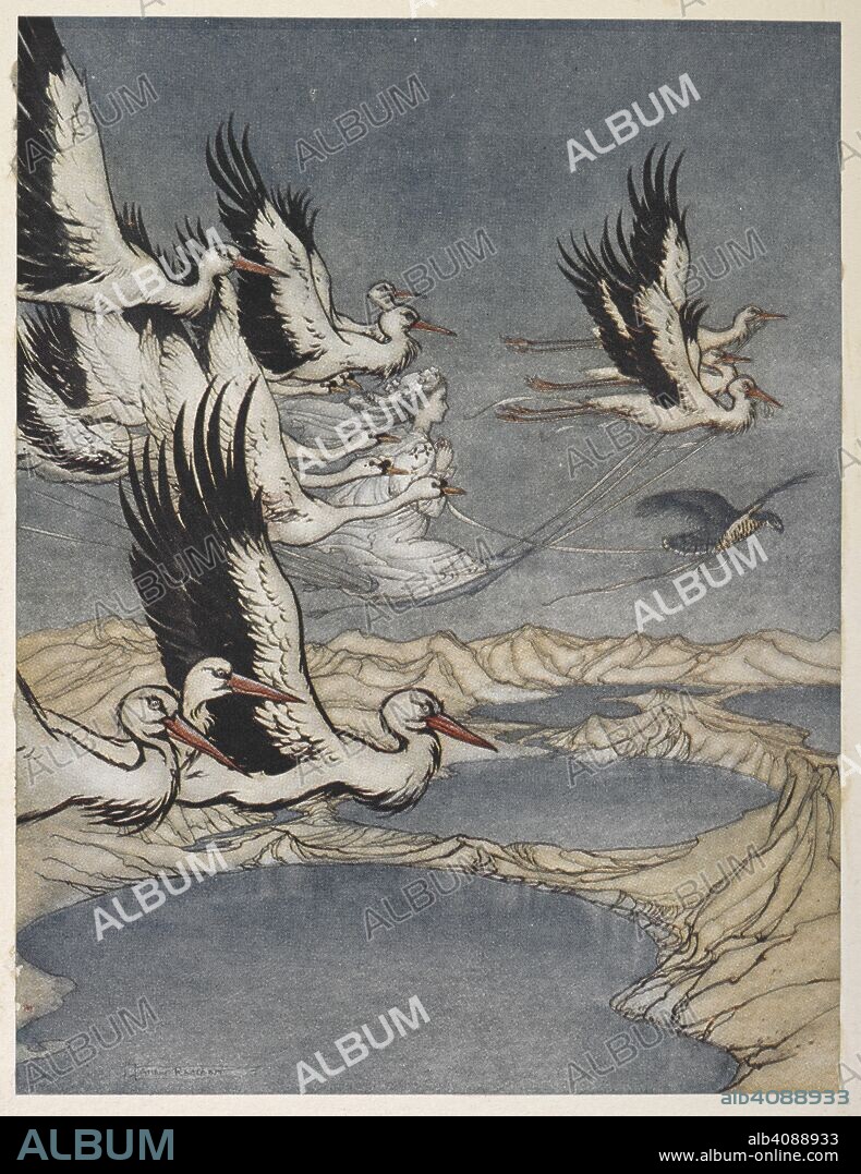 ARTHUR RACKHAM. A flock of birds carrying away Earl Mar's daughter on the eve of her wedding. Some British Ballads. Illustrated by A. Rackham. L.P. London : Constable & Co., [1919]. Source: K.T.C.102.b.13, opposite page 117.