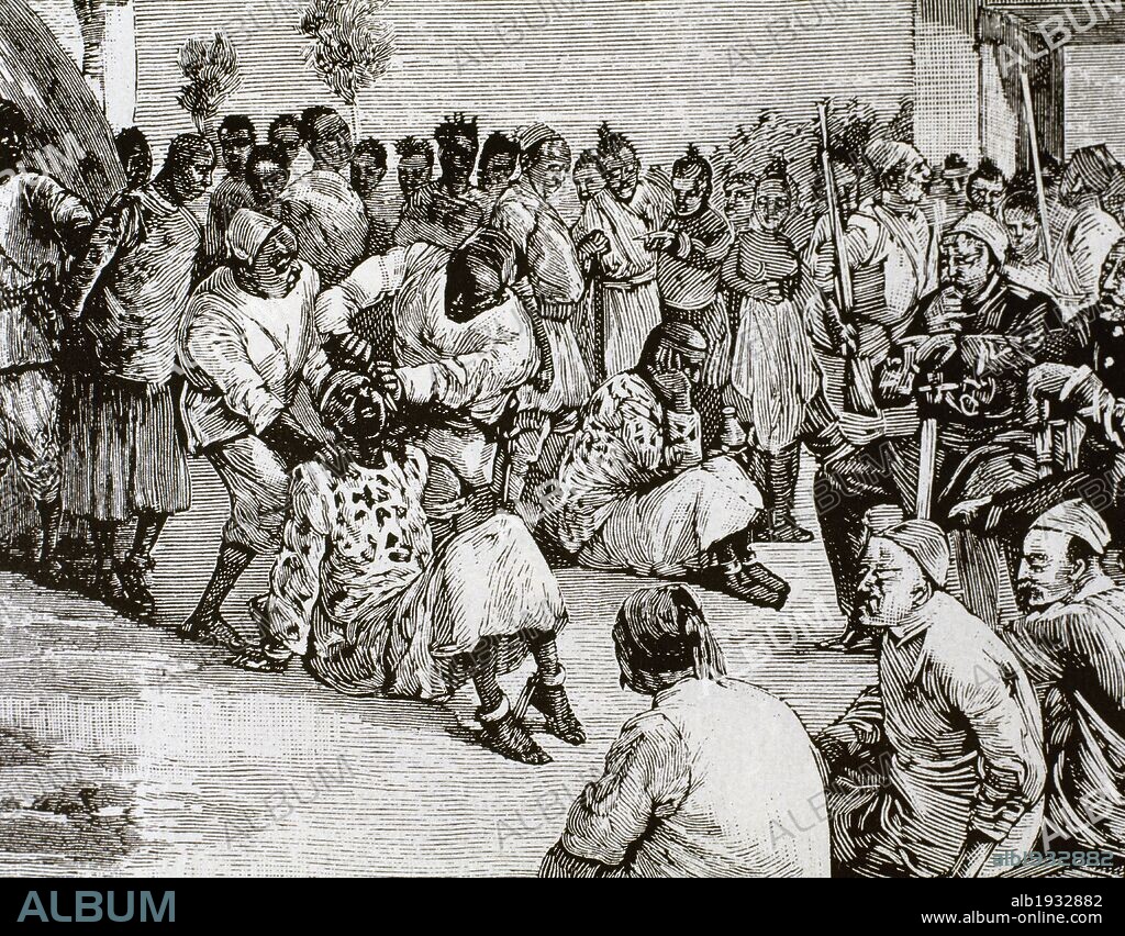 HISTORIA DE AFRICA. S. XIX. SUDAN. "TORTURAS A LOS DERVICHES DEL MAHDI POR ORDEN DE LOS OFICIALES INSURRECTOS DE EMIN BAJA". Grabado de "L'Illustration, Journel Universel". S. XIX.