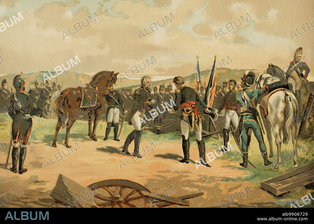 Peninsular War. Battle of Bailen. First victory of the Spanish army led by General Castaños (July 19, 1808). Surrender of General Dupont. Chromolithography. "Historia Universal", by César Cantú. Volume X, 1881.